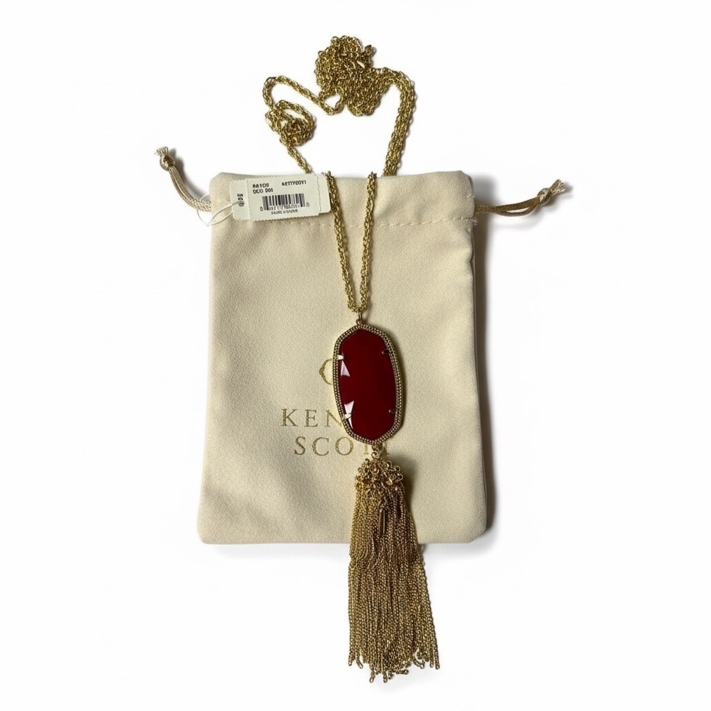 Kendra Scott Rayne Gold Toned Necklace with Garnet Opaque Pendant and Tassel